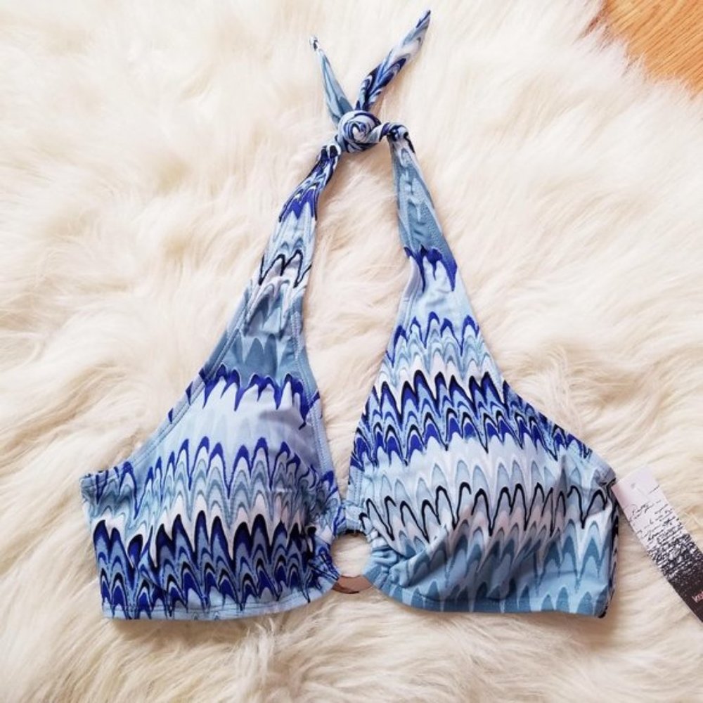 NWT Blue Wavey Stripe Bikini Top Silver Details